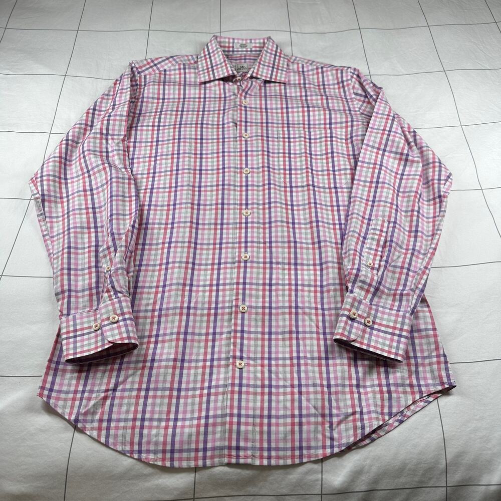 Peter Millar Shirt Mens Medium Pink Purple Check Plaid Button Up Long Sleeve